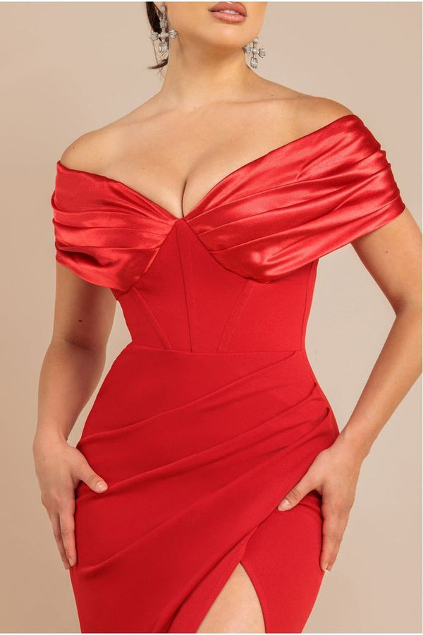 Goddiva Satin & Scuba Off The Shoulder Maxi Dress - Red By Goddiva