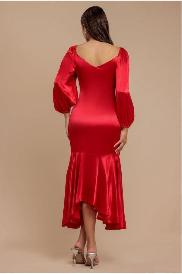 Goddiva Satin Viscose Front Buttoned Dipped Hem Midaxi Dress - Red By Goddiva