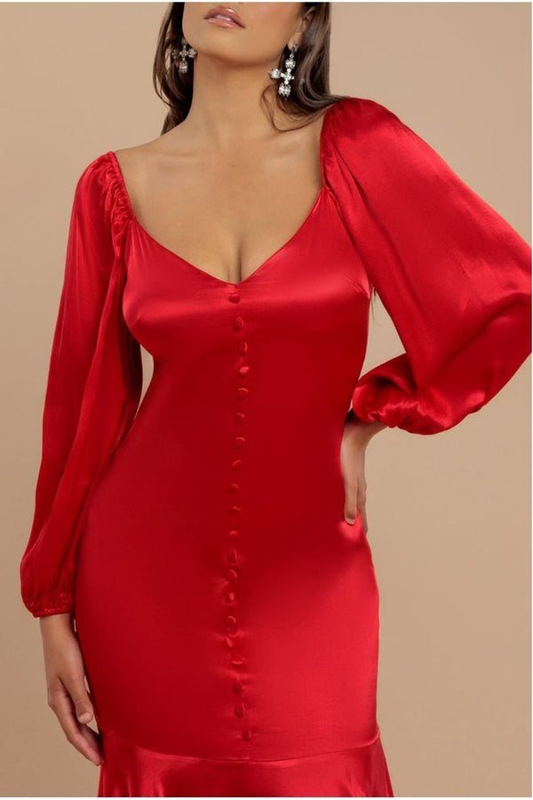 Goddiva Satin Viscose Front Buttoned Dipped Hem Midaxi Dress - Red By Goddiva