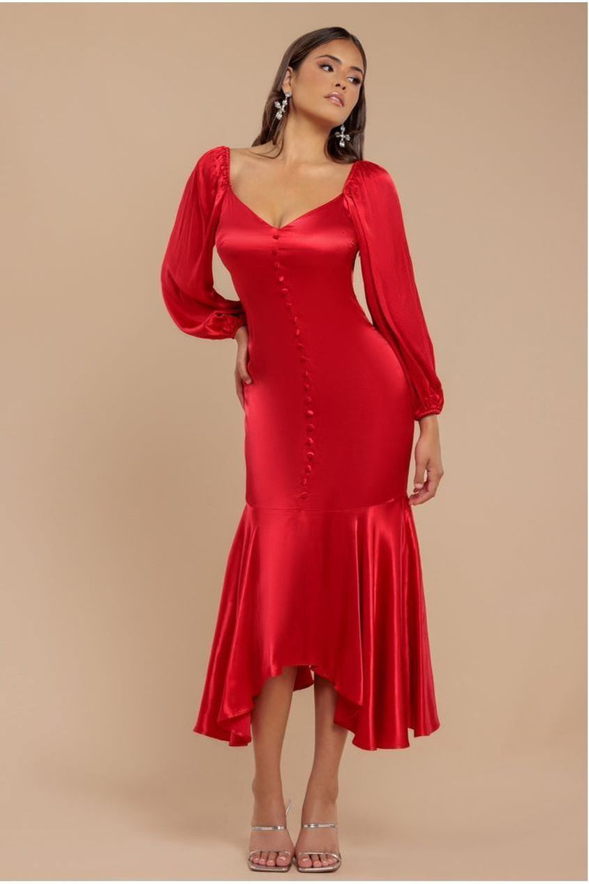 goddiva Satin Viscose Front Buttoned Dipped Hem Midaxi Dress - Red by Goddiva