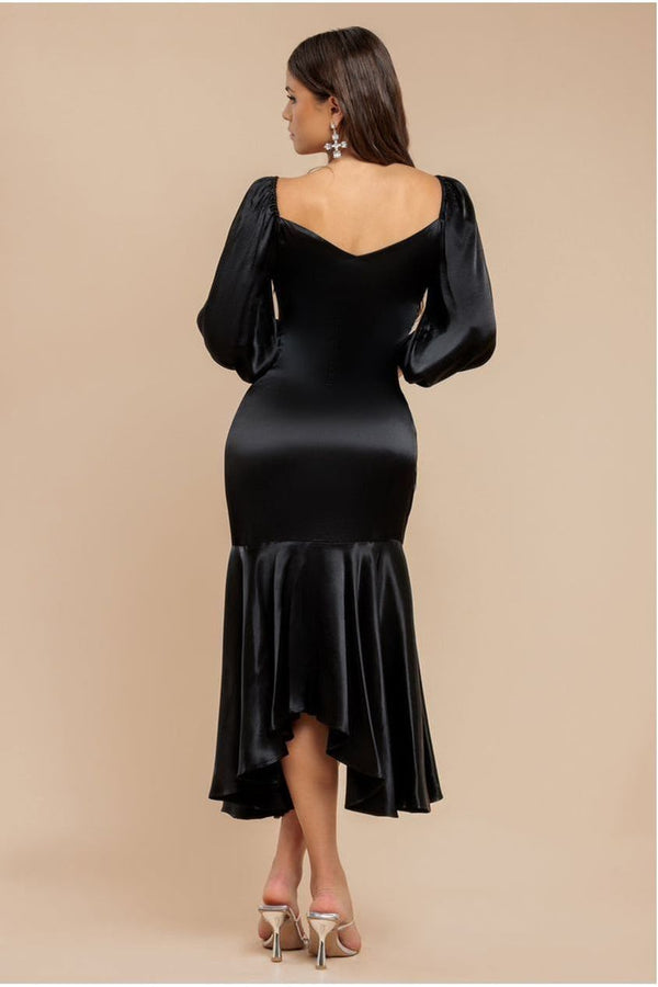 Goddiva Satin Viscose Front Buttoned Dipped Hem Midaxi Dress - Black By Goddiva