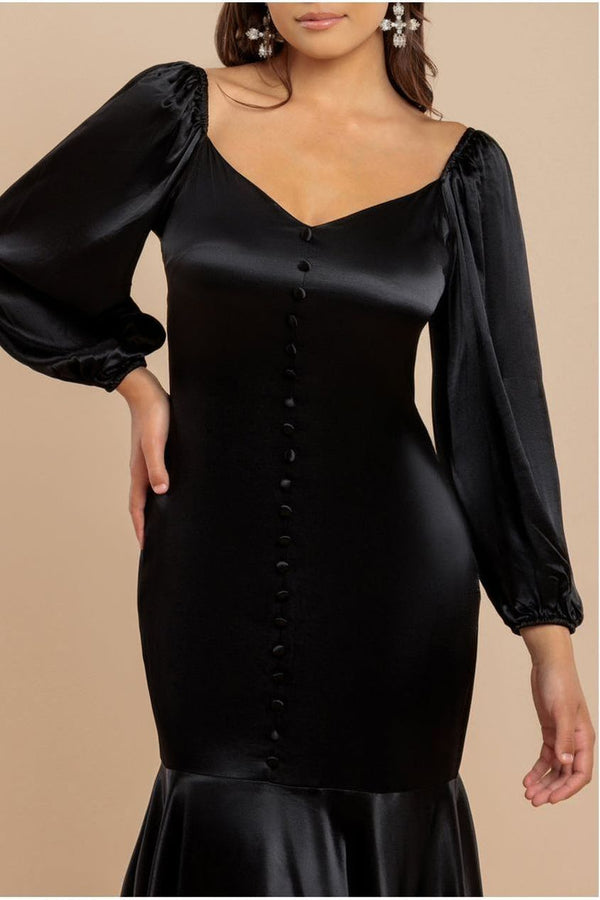 Goddiva Satin Viscose Front Buttoned Dipped Hem Midaxi Dress - Black By Goddiva