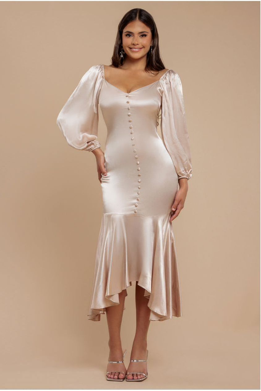 goddiva Satin Viscose Front Buttoned Dipped Hem Midaxi Dress - Champagne by Goddiva