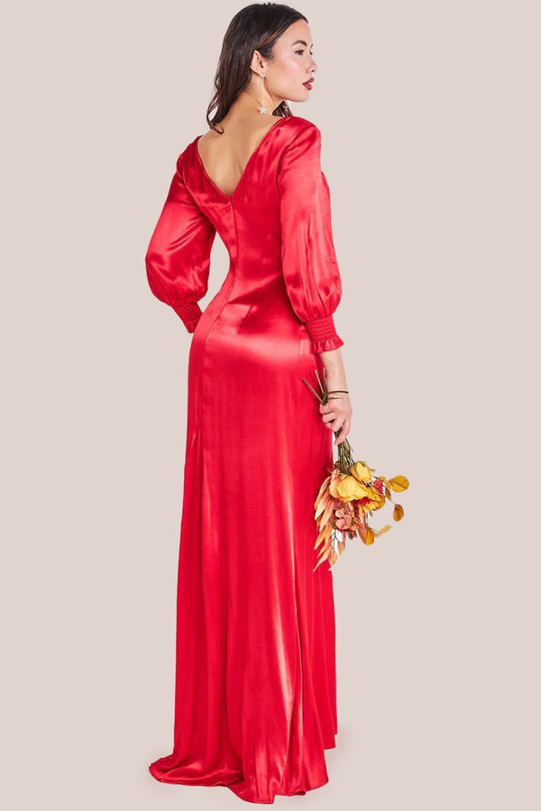 Goddiva Satin Viscose Front Split Maxi - Red By Goddiva