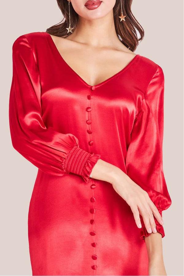 Goddiva Satin Viscose Front Split Maxi - Red By Goddiva