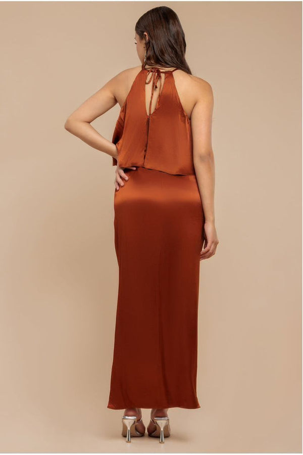 Goddiva Satin Viscose Front Wrap Midaxi Dress - Brown By Goddiva