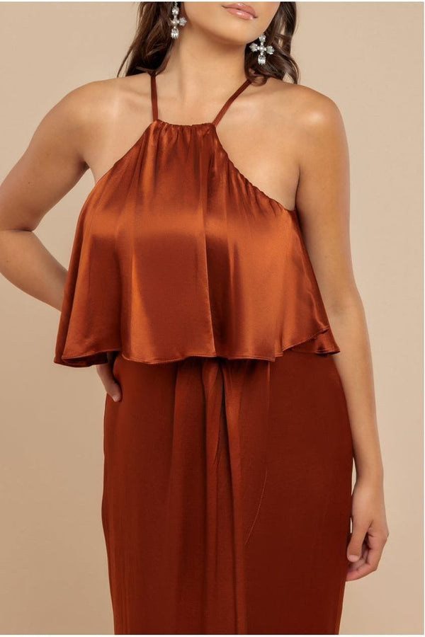 Goddiva Satin Viscose Front Wrap Midaxi Dress - Brown By Goddiva