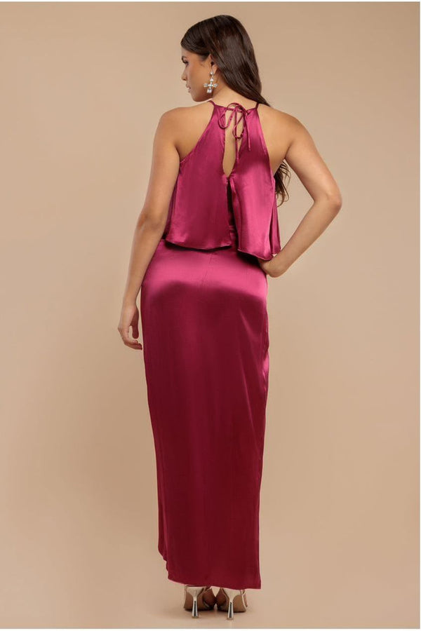 Goddiva Satin Viscose Front Wrap Midaxi Dress - Burgundy By Goddiva