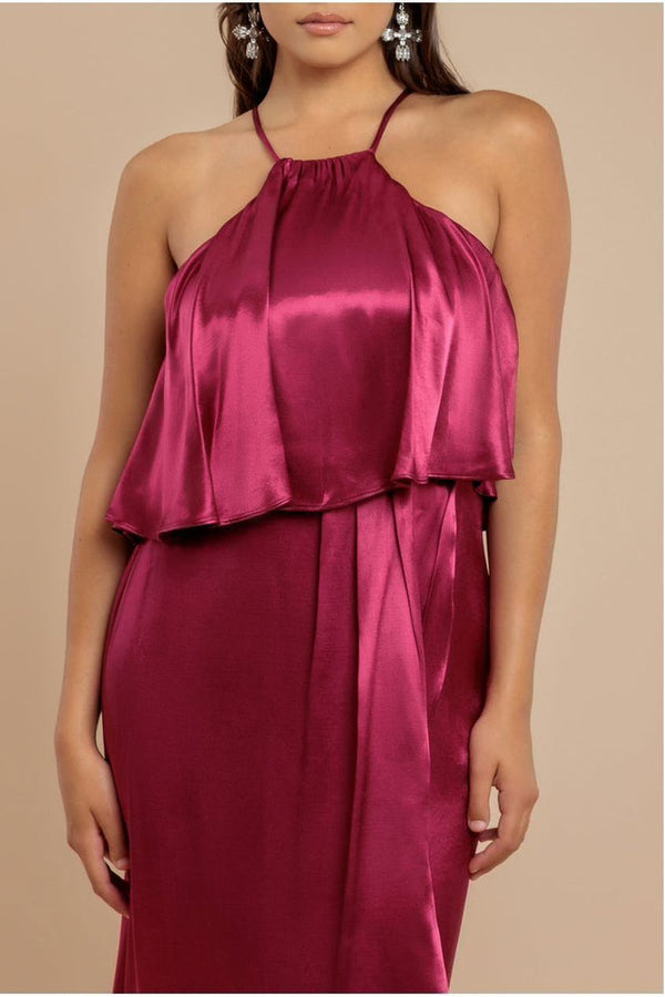 Goddiva Satin Viscose Front Wrap Midaxi Dress - Burgundy By Goddiva