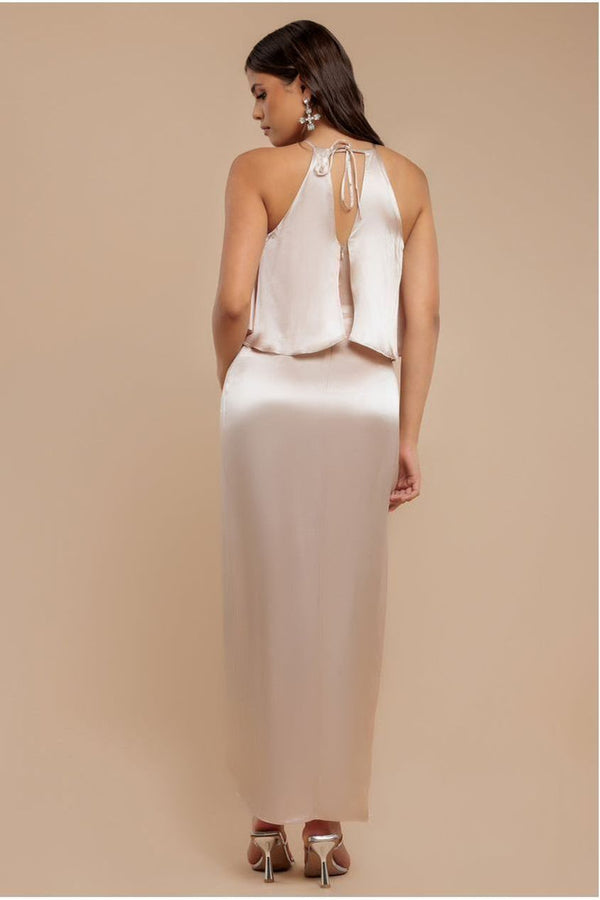 Goddiva Satin Viscose Front Wrap Midaxi Dress - Champagne By Goddiva