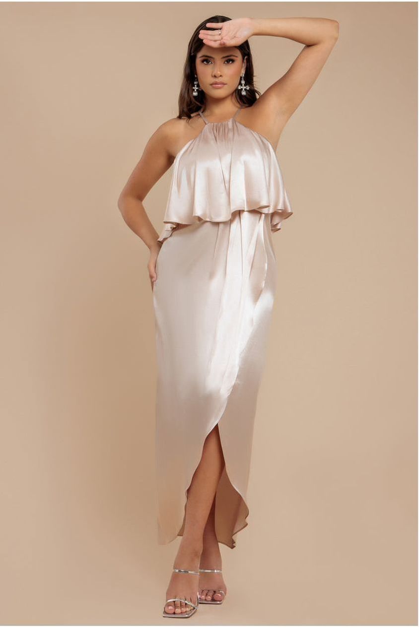 goddiva Satin Viscose Front Wrap Midaxi Dress - Champagne by Goddiva