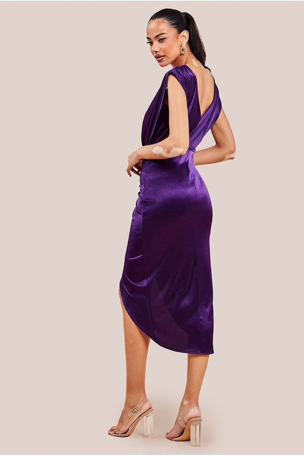 Goddiva Satin Wrap Knotted Midi Dress - Purple By Goddiva