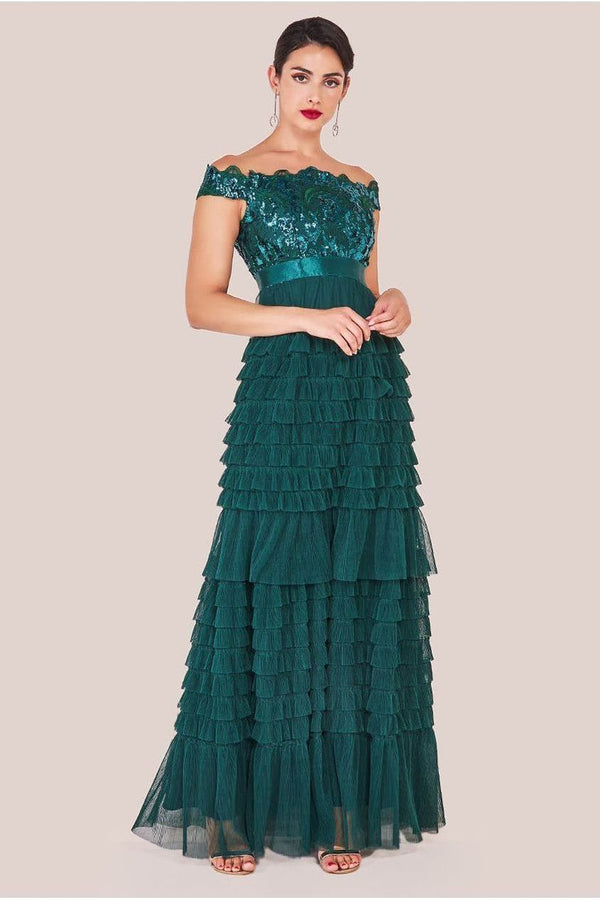 Goddiva Scallop Bardot Ruffle Mesh Maxi - Emerald Green By Goddiva