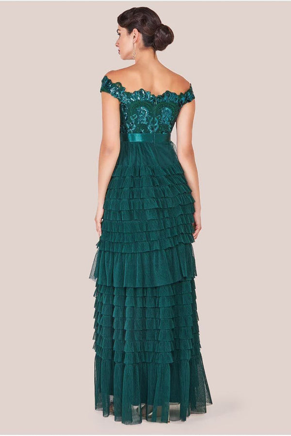 Goddiva Scallop Bardot Ruffle Mesh Maxi - Emerald Green By Goddiva