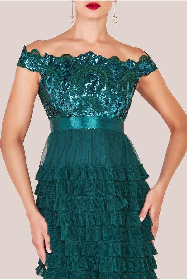Goddiva Scallop Bardot Ruffle Mesh Maxi - Emerald Green By Goddiva