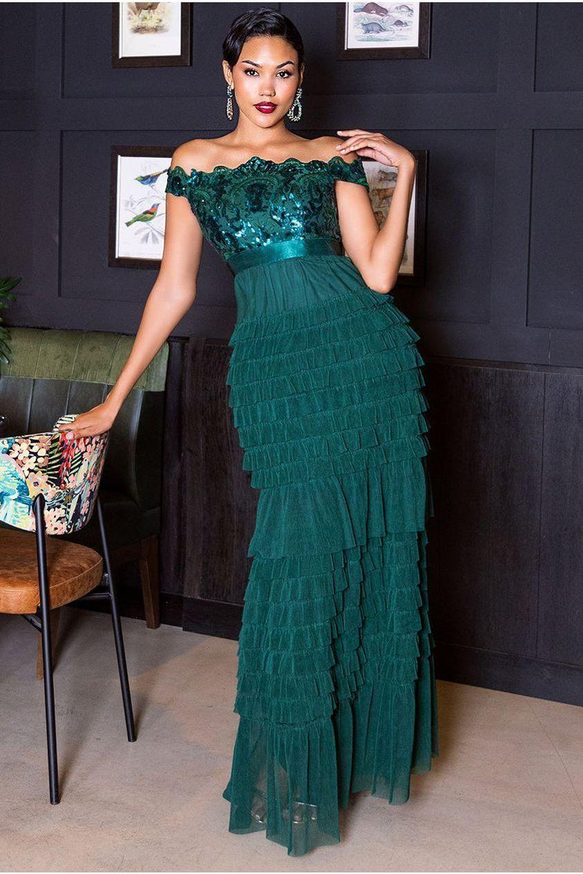 goddiva Scallop Bardot Ruffle Mesh Maxi - Emerald Green by Goddiva