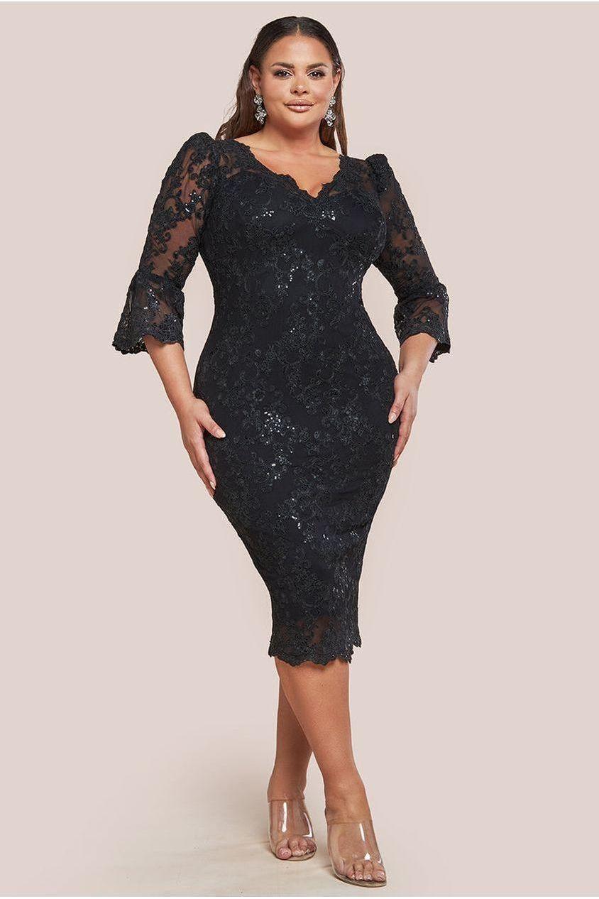 goddiva Scallop Lace Midi Dress - Black by Goddiva Plus