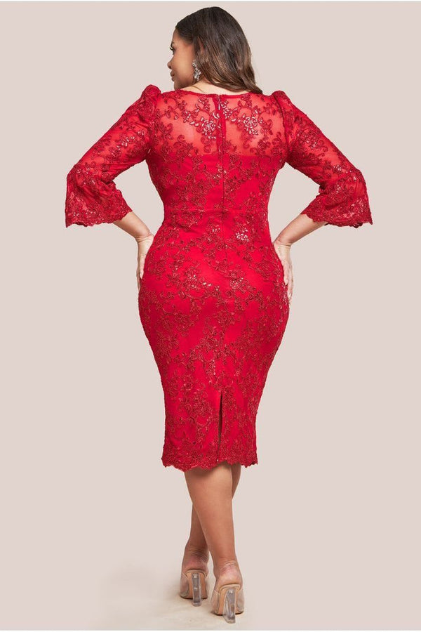 Goddiva Scallop Lace Midi Dress- Red By Goddiva Plus