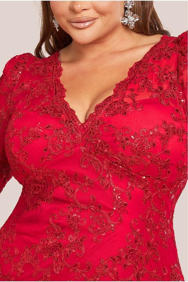 Goddiva Scallop Lace Midi Dress- Red By Goddiva Plus