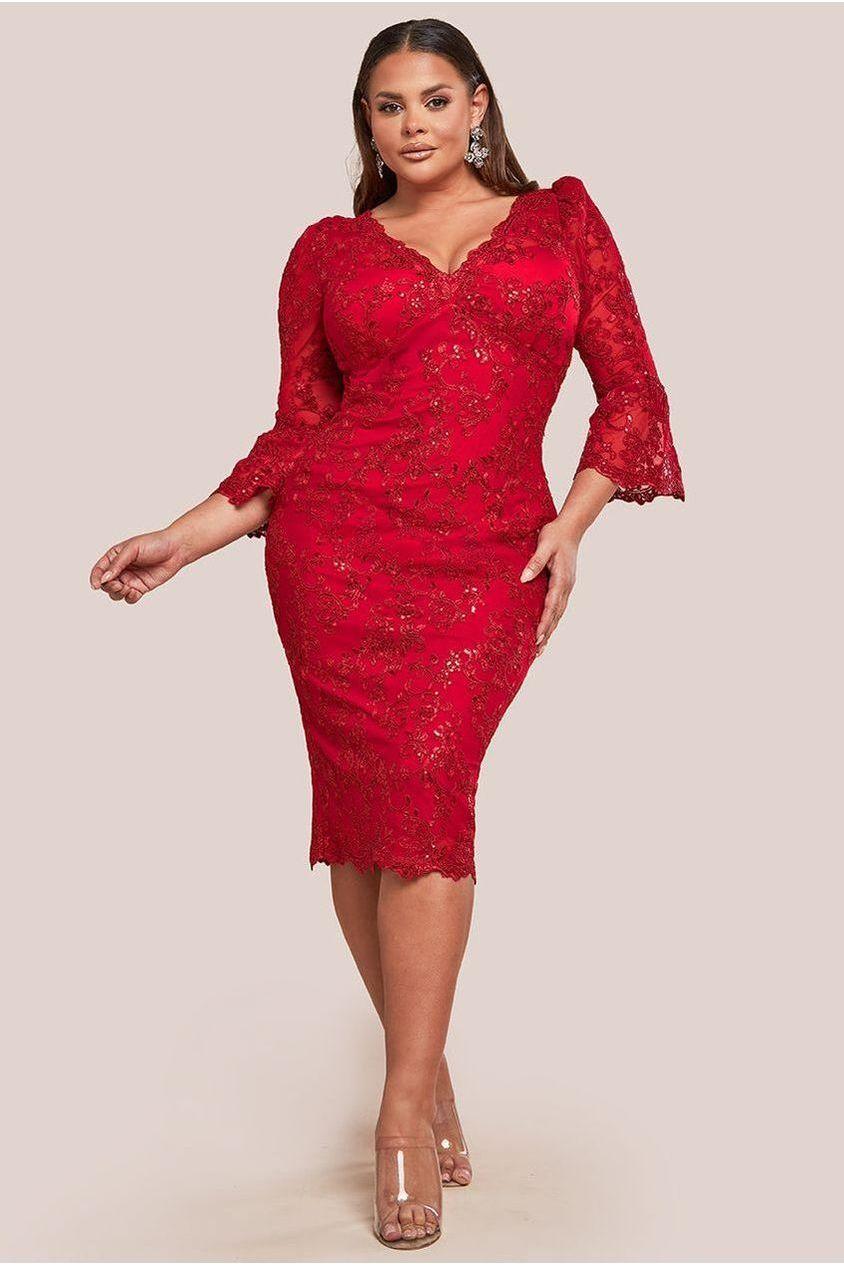 goddiva Scallop Lace Midi Dress- Red by Goddiva Plus