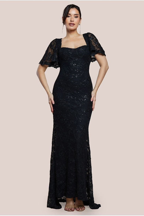 Goddiva Scalloped Cape Open Back Lace & Sequin Maxi Dress - Black By Goddiva