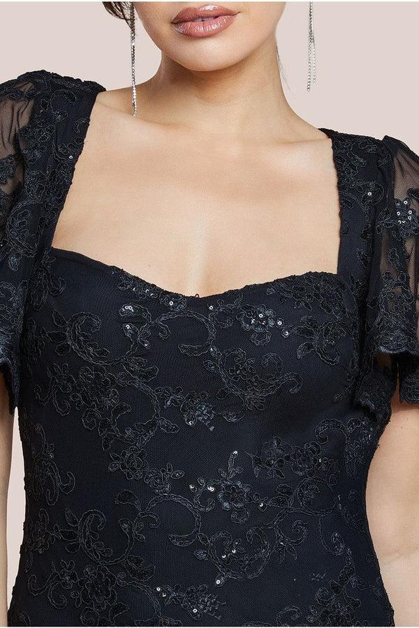 Goddiva Scalloped Cape Open Back Lace & Sequin Maxi Dress - Black By Goddiva