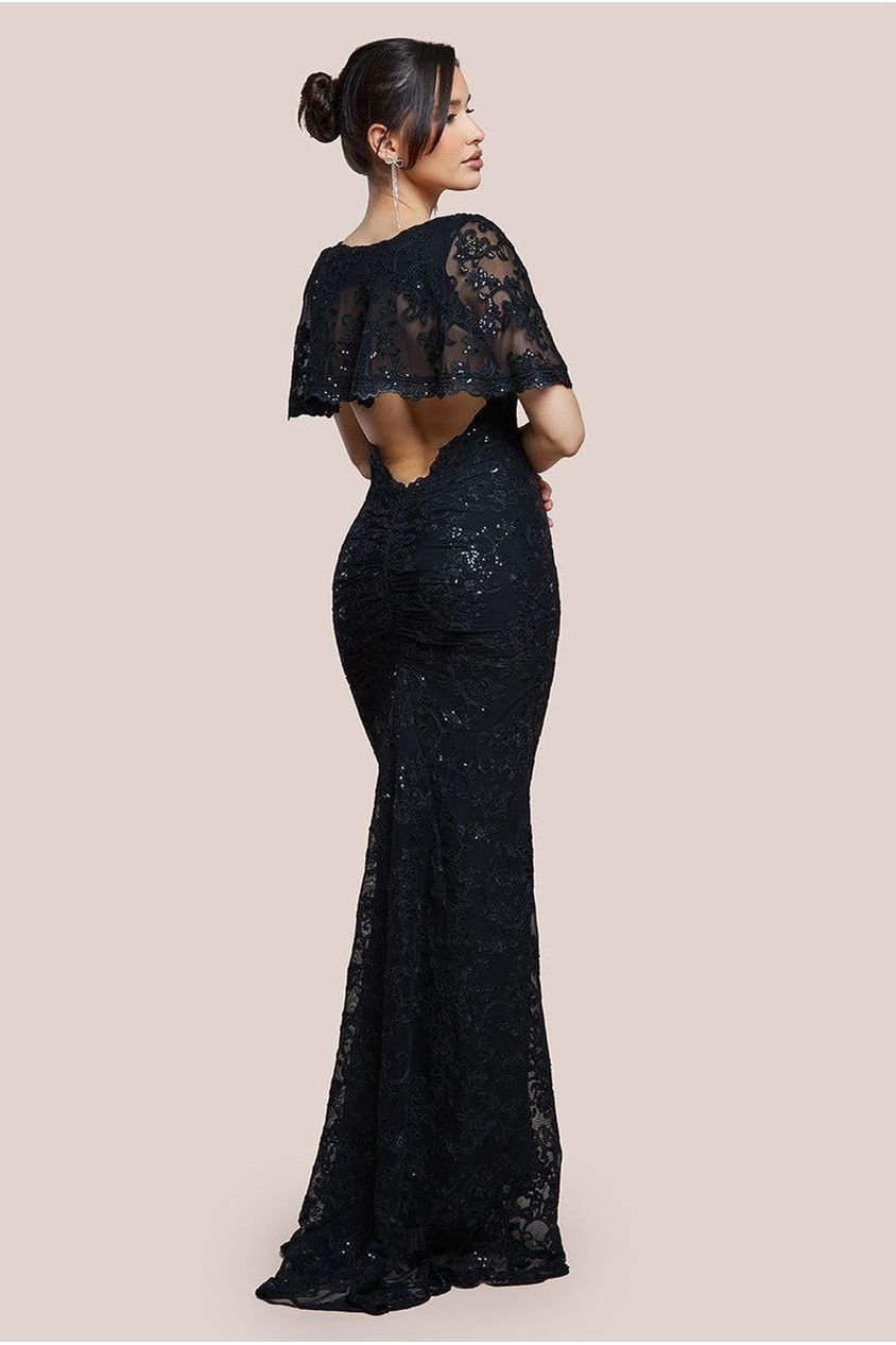 goddiva Scalloped Cape Open Back Lace & Sequin Maxi Dress - Black by Goddiva