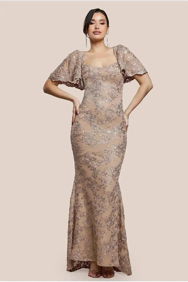 Goddiva Scalloped Cape Open Back Lace & Sequin Maxi Dress - Champagne By Goddiva