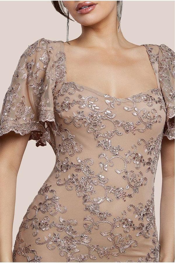 Goddiva Scalloped Cape Open Back Lace & Sequin Maxi Dress - Champagne By Goddiva