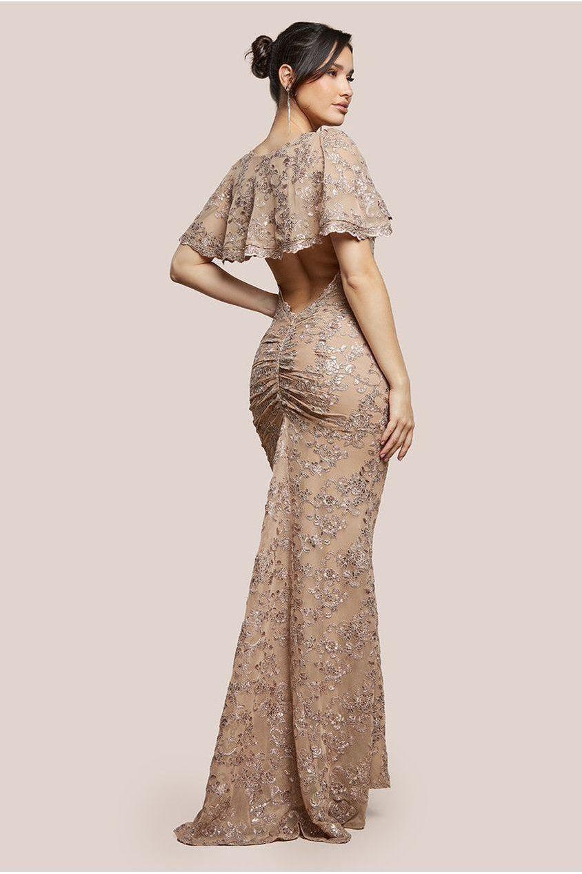 goddiva Scalloped Cape Open Back Lace & Sequin Maxi Dress - Champagne by Goddiva