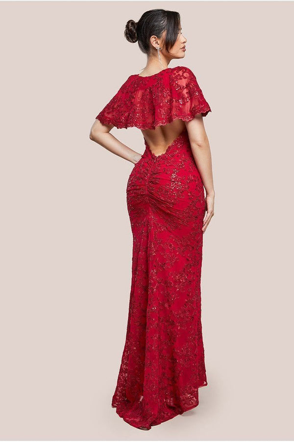 Goddiva Scalloped Cape Open Back Lace & Sequin Maxi Dress - Red By Goddiva