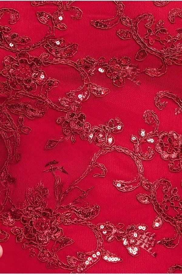 Goddiva Scalloped Cape Open Back Lace & Sequin Maxi Dress - Red By Goddiva