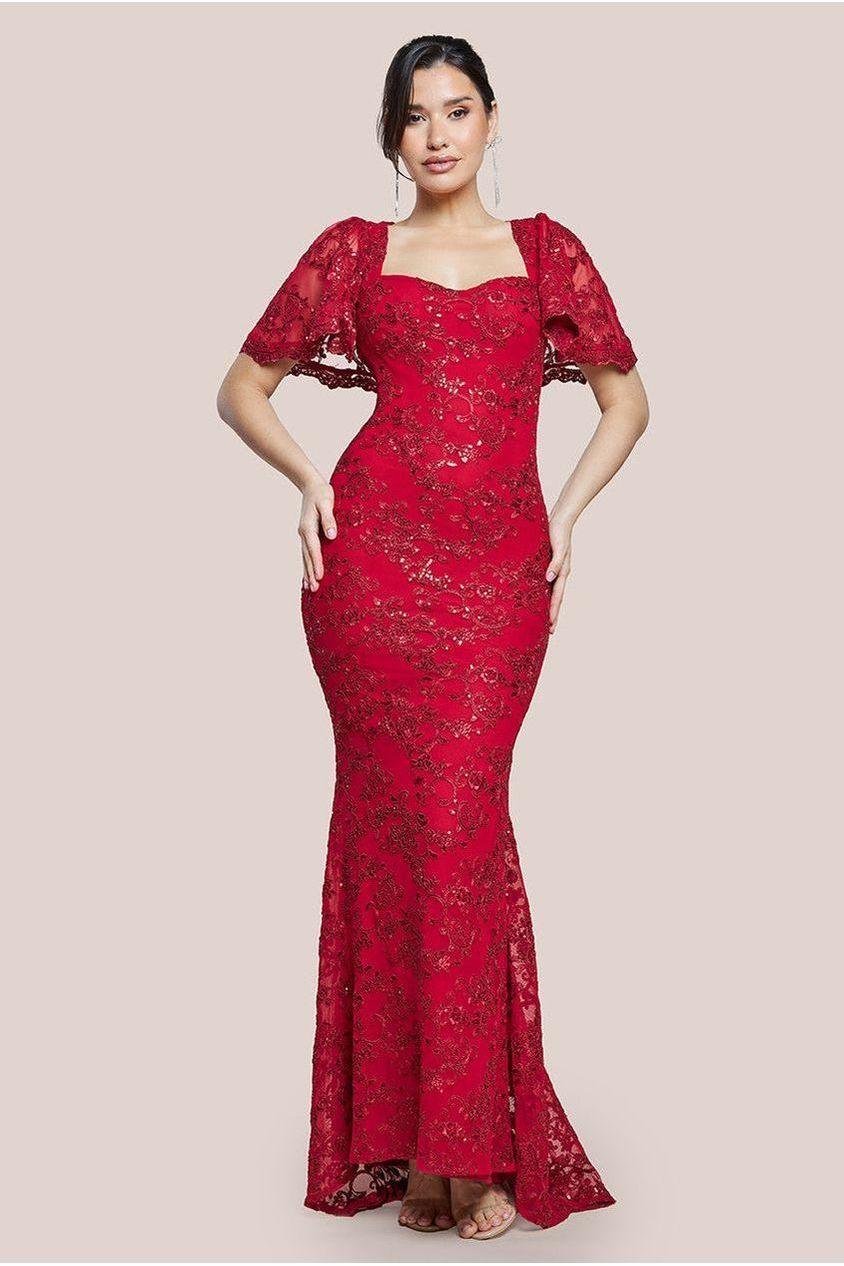 goddiva Scalloped Cape Open Back Lace & Sequin Maxi Dress - Red by Goddiva
