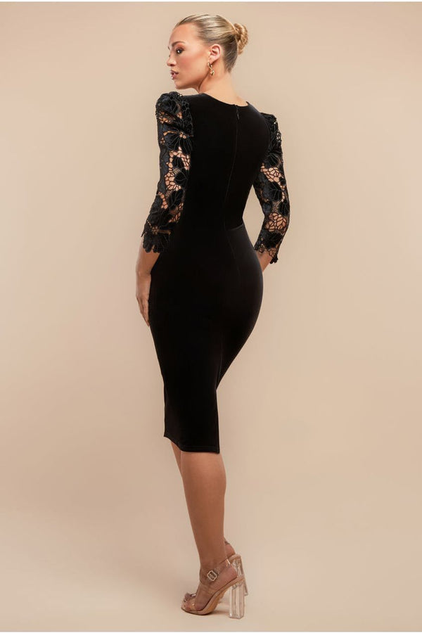 Goddiva Scalloped Crochet & Velvet Midi Dress - Black By Goddiva