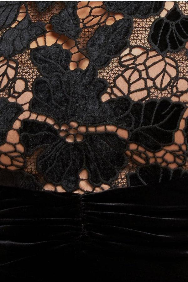 Goddiva Scalloped Crochet & Velvet Midi Dress - Black By Goddiva