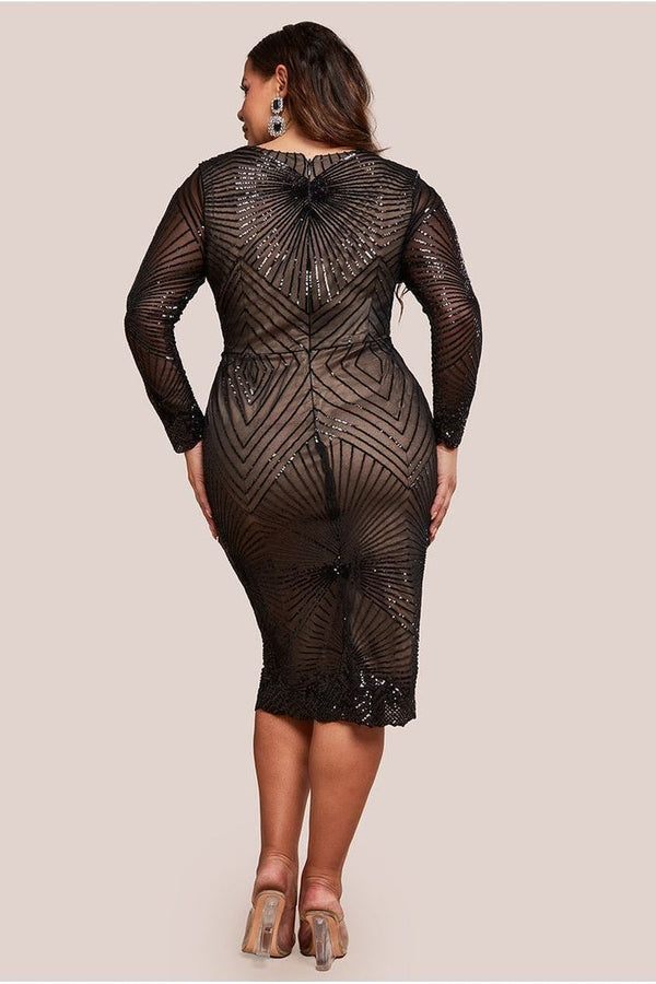 Goddiva Scalloped Hem Starburst Midi Dress - Black By Goddiva Plus