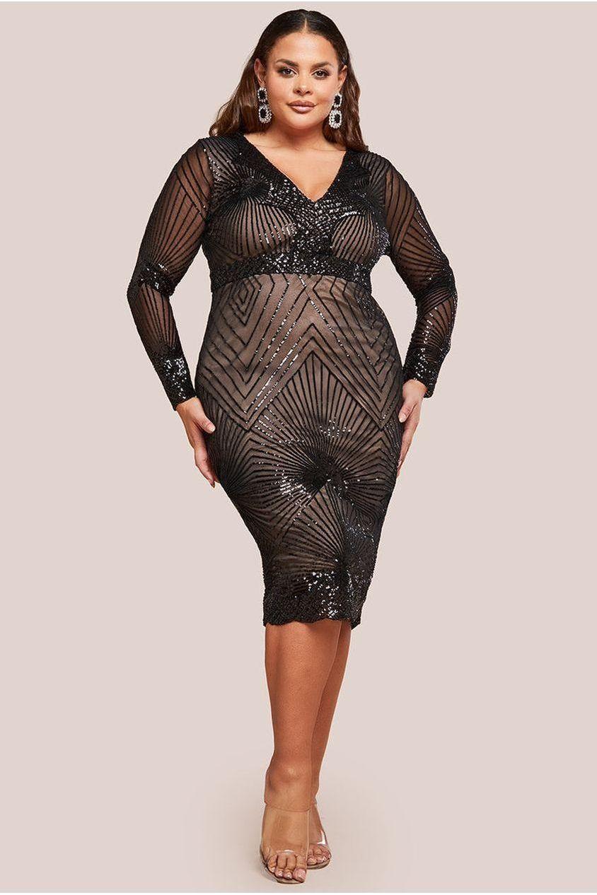 goddiva Scalloped Hem Starburst Midi Dress - Black by Goddiva Plus
