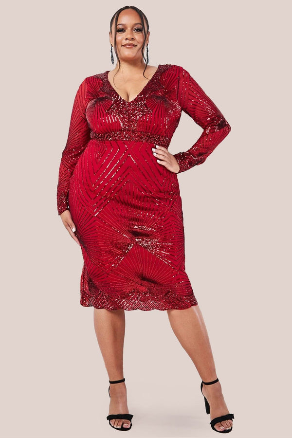 Goddiva Scalloped Hem Starburst Midi Dress - Red By Goddiva Plus