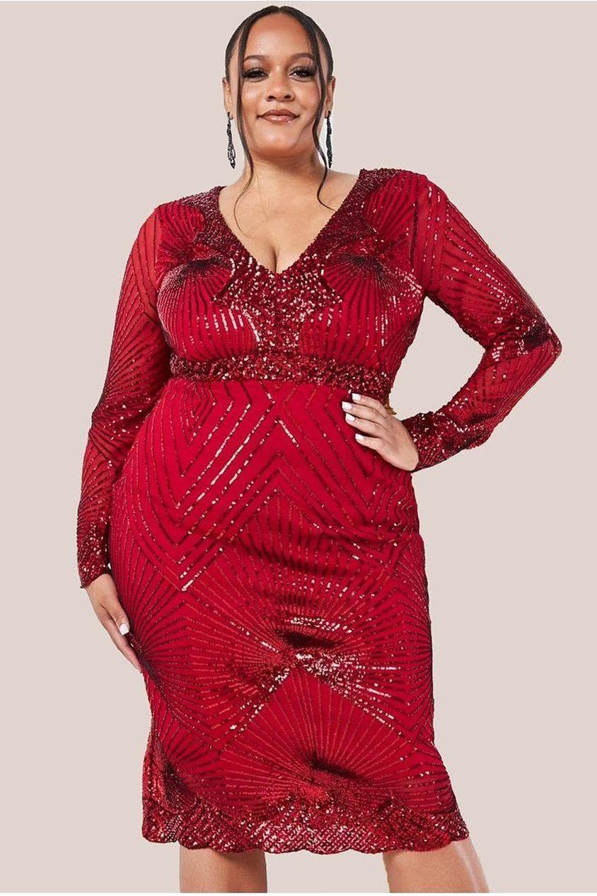 goddiva Scalloped Hem Starburst Midi Dress - Red by Goddiva Plus