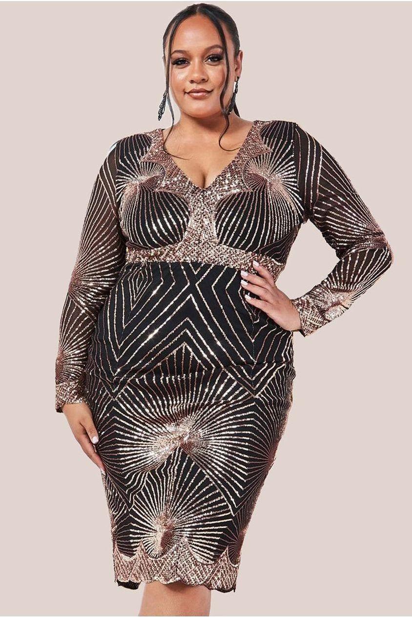 goddiva Scalloped Hem Starburst Midi Dress - Rose Gold by Goddiva Plus