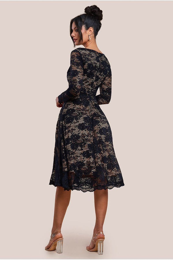 Goddiva Scalloped Lace A-line Midi Dress - Black By Goddiva