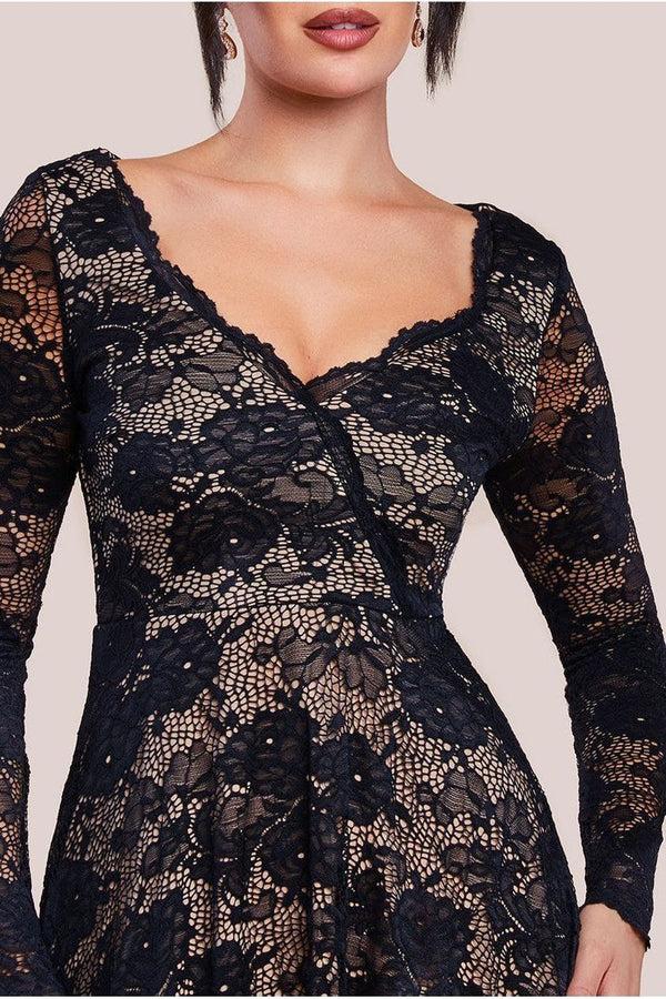 Goddiva Scalloped Lace A-line Midi Dress - Black By Goddiva