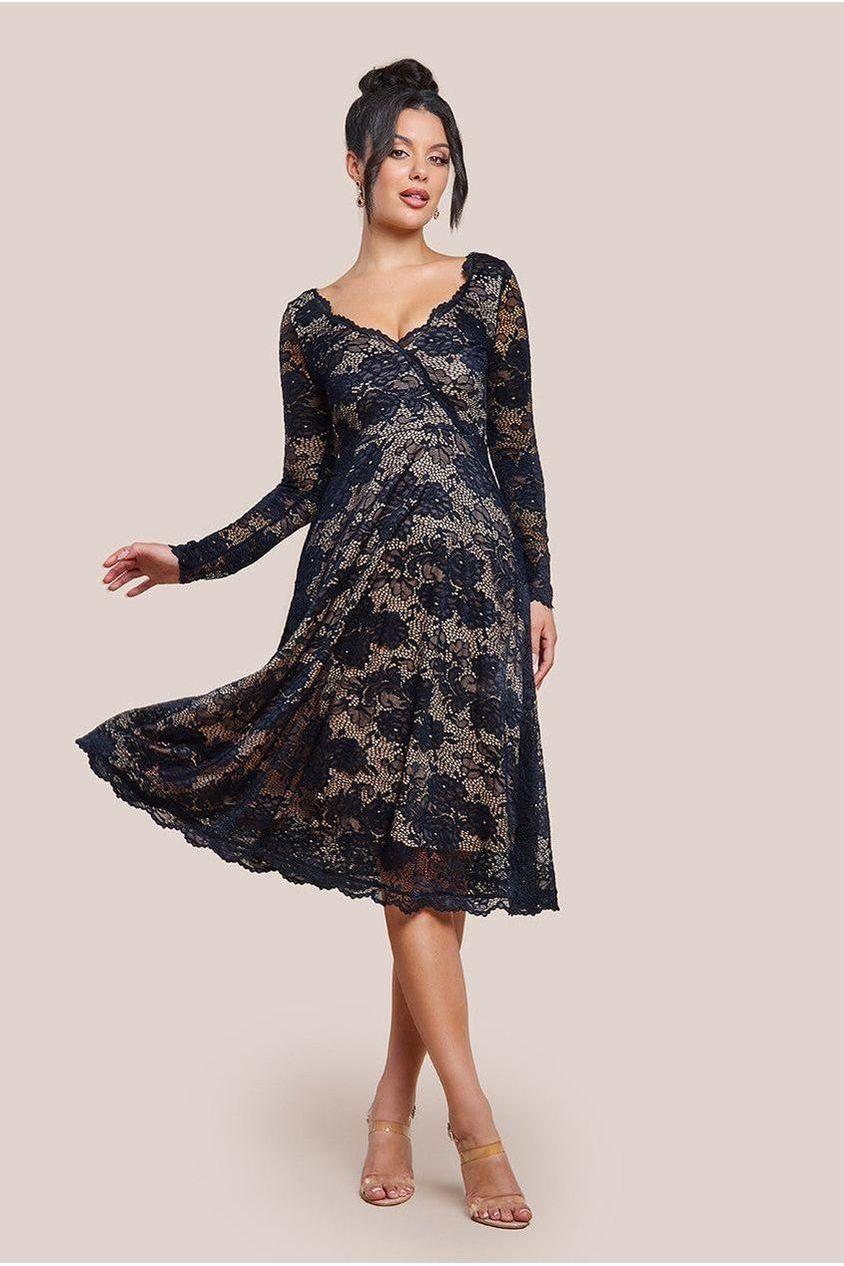 goddiva Scalloped Lace A-line Midi Dress - Black by Goddiva
