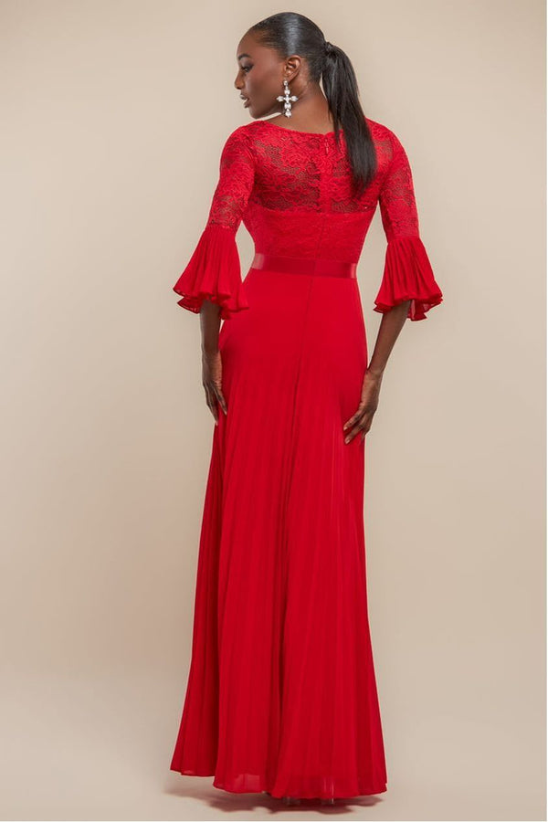 Goddiva Scalloped Lace Bodice Pleated Chiffon A Line Maxi Dress - Red By Goddiva
