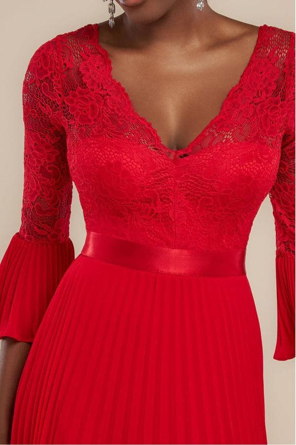 Goddiva Scalloped Lace Bodice Pleated Chiffon A Line Maxi Dress - Red By Goddiva