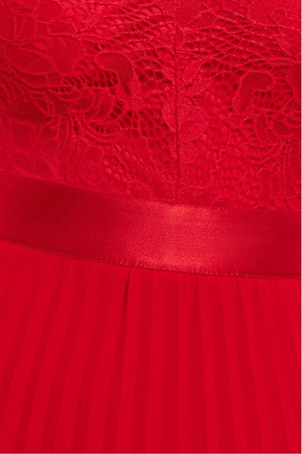 Goddiva Scalloped Lace Bodice Pleated Chiffon A Line Maxi Dress - Red By Goddiva