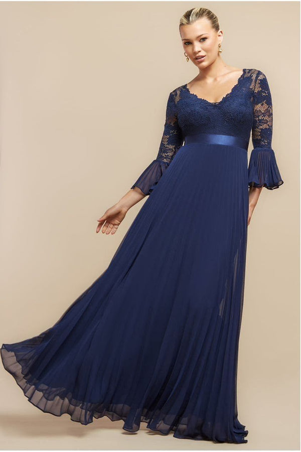 Goddiva Scalloped Lace Bodice Pleated Chiffon A Line Maxi Dress - Navy Blue By Goddiva