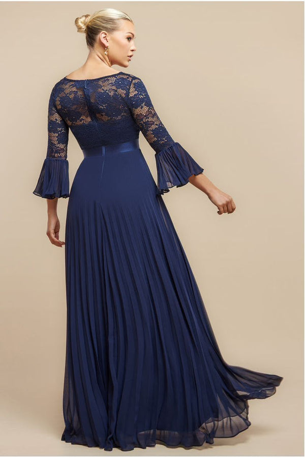 Goddiva Scalloped Lace Bodice Pleated Chiffon A Line Maxi Dress - Navy Blue By Goddiva