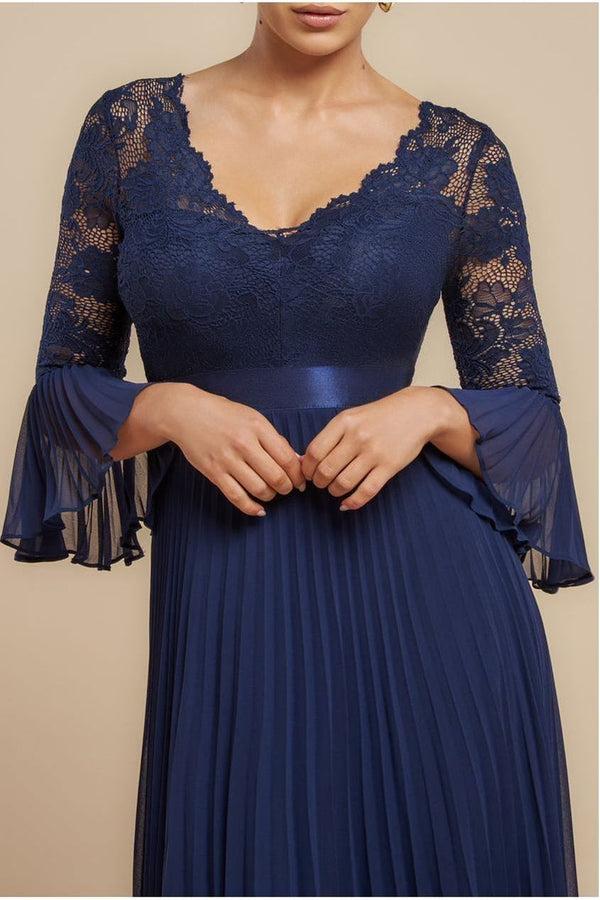 Goddiva Scalloped Lace Bodice Pleated Chiffon A Line Maxi Dress - Navy Blue By Goddiva