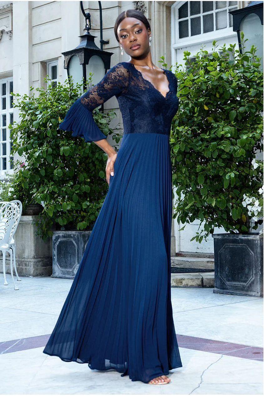 goddiva Scalloped Lace Bodice Pleated Chiffon A Line Maxi Dress - Navy Blue by Goddiva